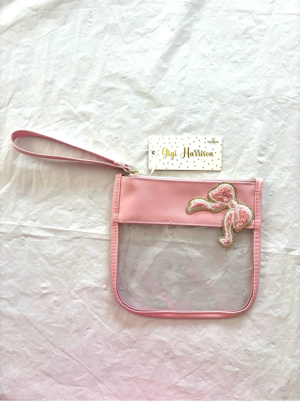 NWT Gigi Harrison Pink Gold Clear Wristlet Pouch with Bow